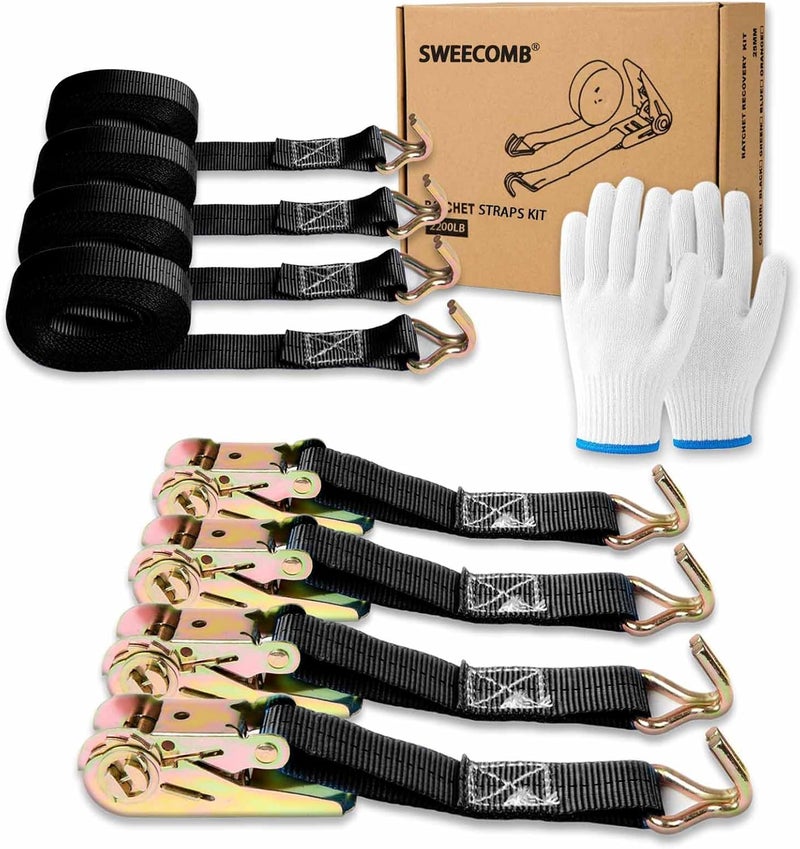 Sweecomb Black Ratchet Straps (4-Pack), 1 Inch x 16.4 Feet (2200lb Break Strength) with Sturdy Metal Hooks, 1x Work Gloves, Heavy Duty Tie Down Straps for Truck, Cargo Trailer, Motorcycle, Luggage, Moving - Image 1